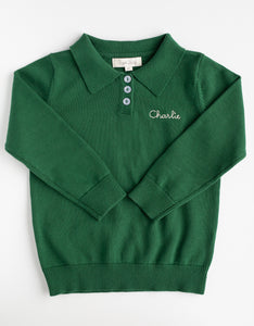 Long Sleeve Boys Knitted Polo Shirt HUNTER GREEN