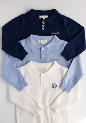Long Sleeve Boys Knitted Polo Shirt DUSTY BLUE