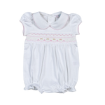 Sally white/pink Hand Smocked Pima Short Sleeve Bubble