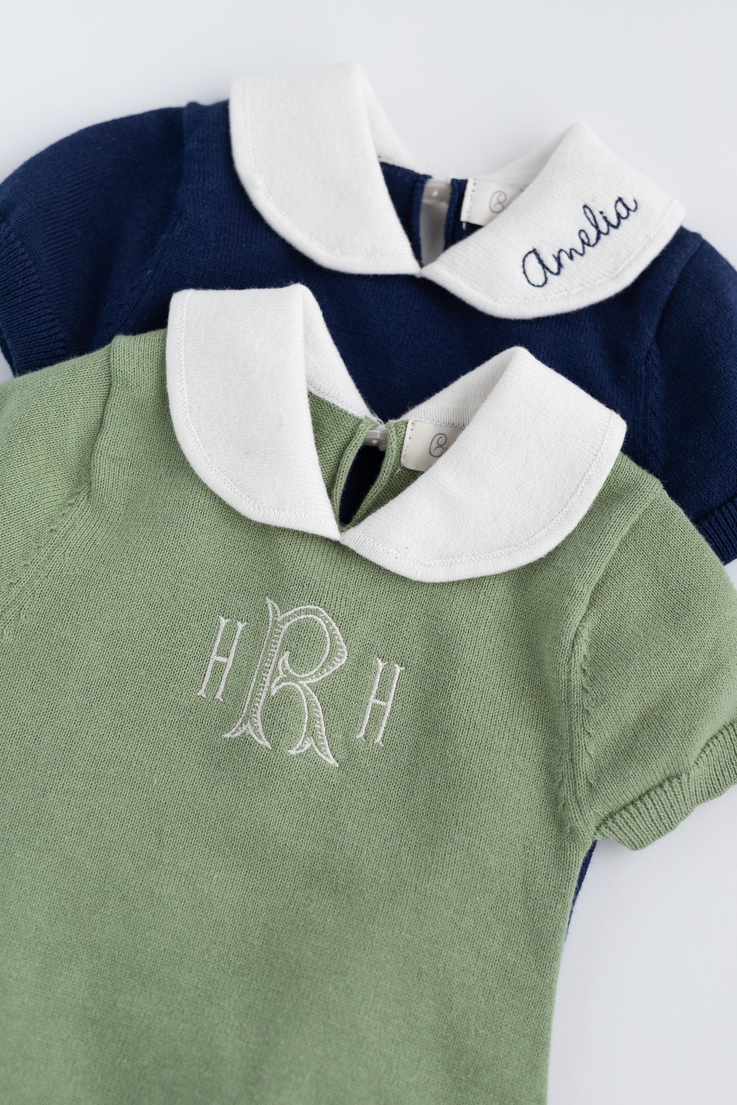 Avocado Round Collar Baby Knit Romper Over Blue Romper
