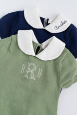 Avocado Round Collar Baby Knit Romper Over Blue Romper