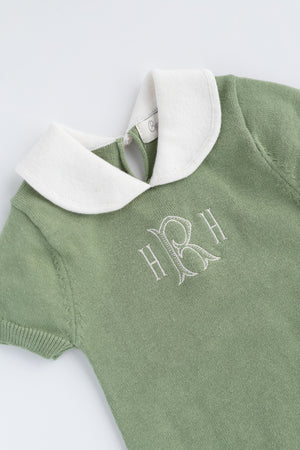 Avocado Round Collar Baby Knit Romper Closeup