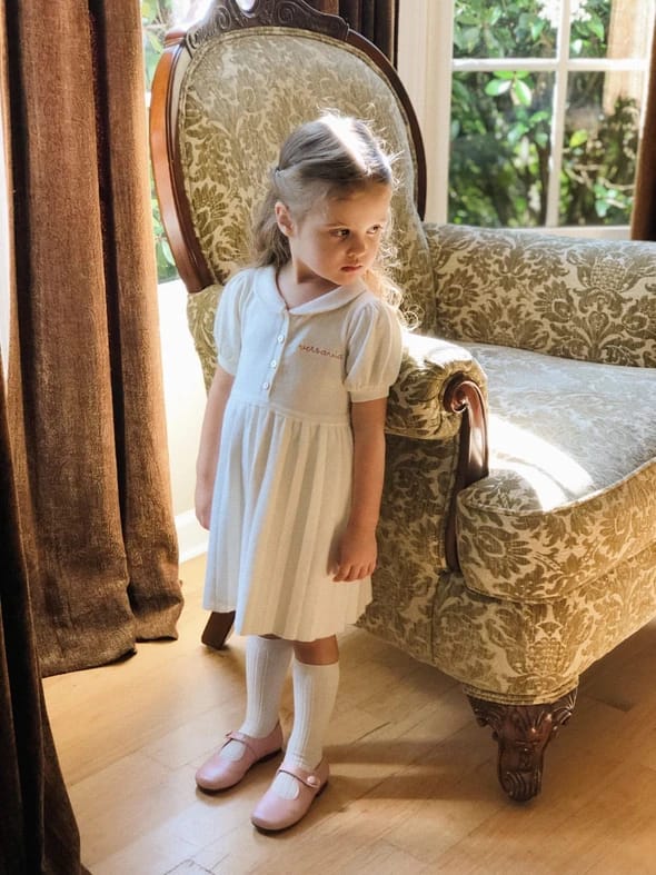 Customizable Cream Claire Dress for Girls by Cygnet Living, Vintage Style Dress for Toddlers, Cute 1940s-Style Dress with Mother of Pearl Buttons, 8